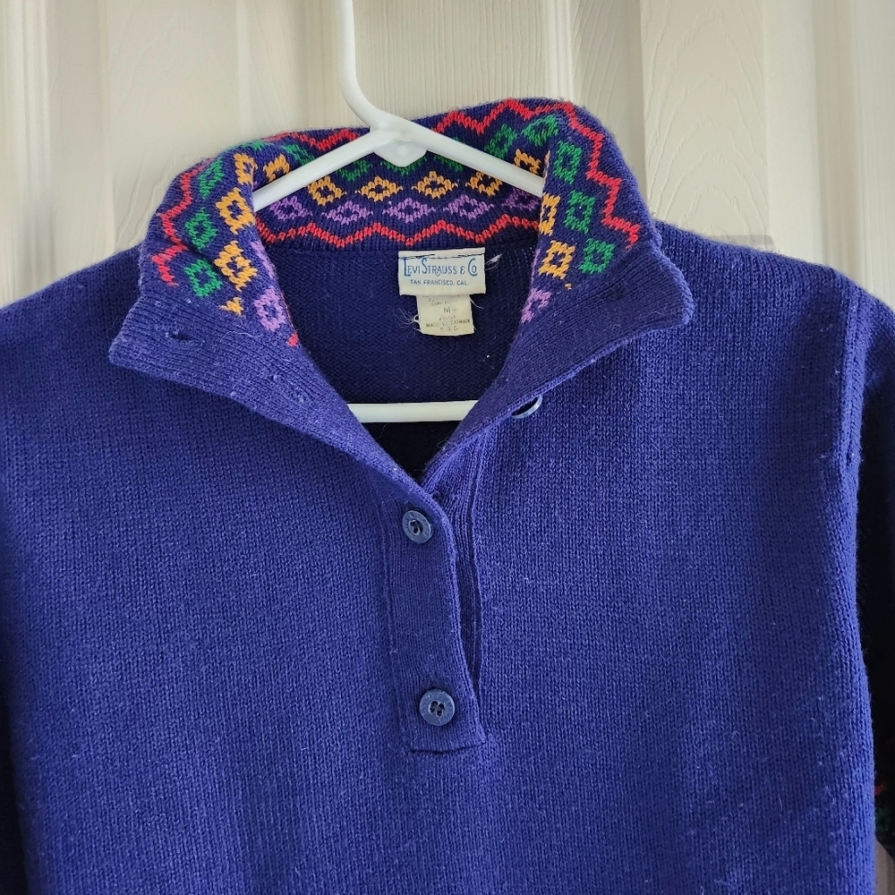 Vintage Levi Strauss Co Womens Sweater Geometric Rainbow Collar Size M - Picture 3 of 7